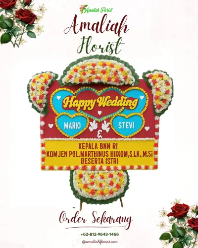 Karangan Papan Bunga Pernikahan di Kedai Durian
